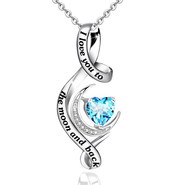 I Love You to The Moon and Back Necklace Sterling Silver Birthstone Heart Pendant