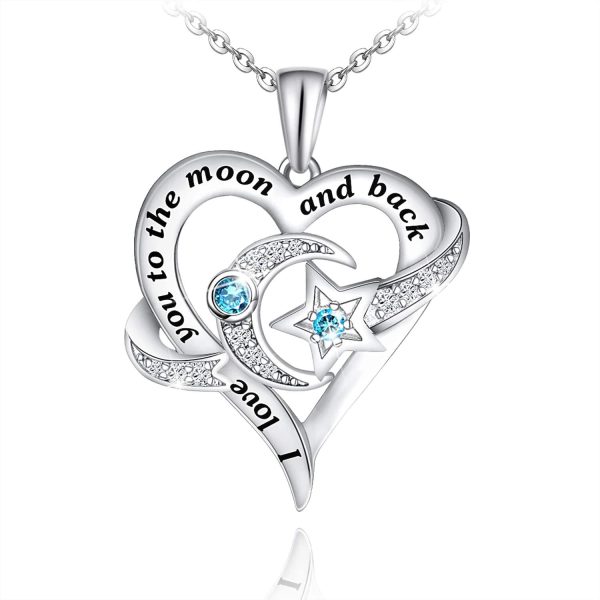 Heart Necklace Sterling Silver Moon Star Necklace Engraved I Love You to The Moon and Back Valentine's Necklace