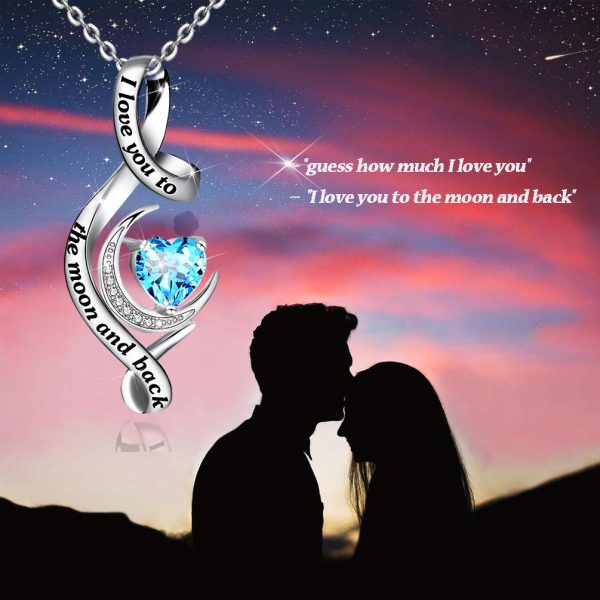 I Love You to The Moon and Back Necklace Sterling Silver Birthstone Heart Pendant - Image 3