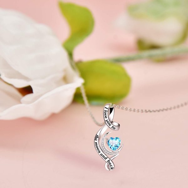 I Love You to The Moon and Back Necklace Sterling Silver Birthstone Heart Pendant - Image 4