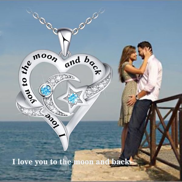 Heart Necklace Sterling Silver Moon Star Necklace Engraved I Love You to The Moon and Back Valentine's Necklace - Image 2