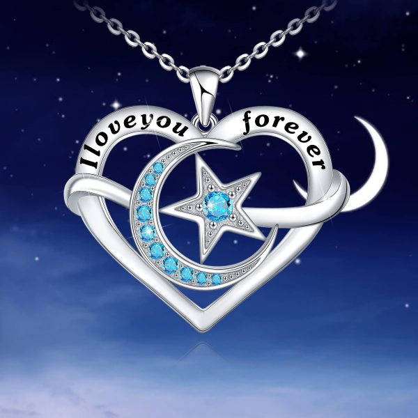 Heart Necklace Sterling Silver Moon Star Necklace Engraved I Love You to The Moon and Back Valentine's Necklace - Image 2